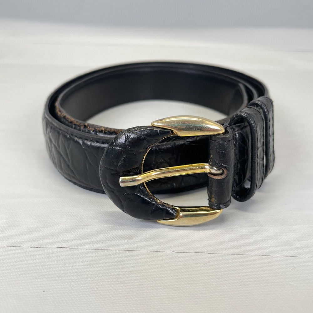 Vtg Milos Croc Embossed Womens Large Black Leather Belt Buckle - Made in Italy